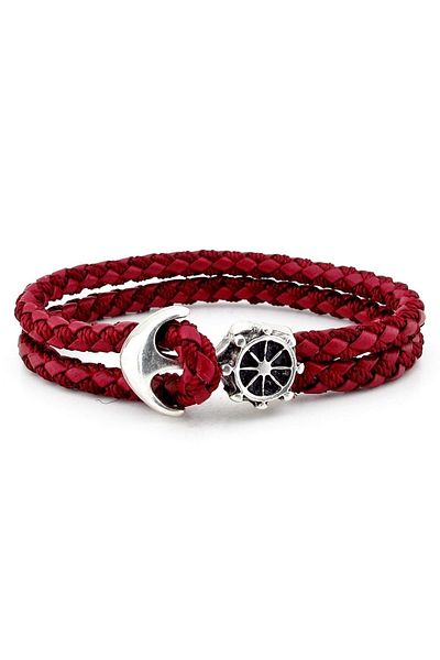 Solfera Anchor Rudder Sailor Sailor Claret Red Knitted Leather Men's Bracelet M034d