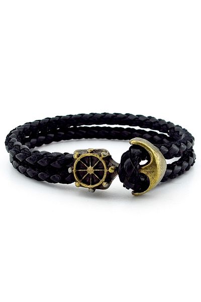 Solfera Bronze Anchor Rudder Sailor Black Braid Leather Men's Bracelet M034a