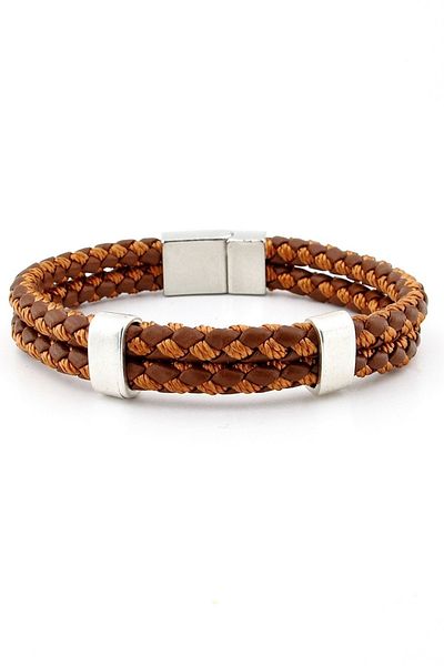 Solfera Metal Magnetic Clip Two Rows Tan Braid Leather Men's Bracelet M039e