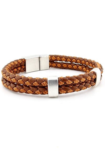 Solfera Metal Magnetic Clip Two Rows Tan Braid Leather Men's Bracelet M039e