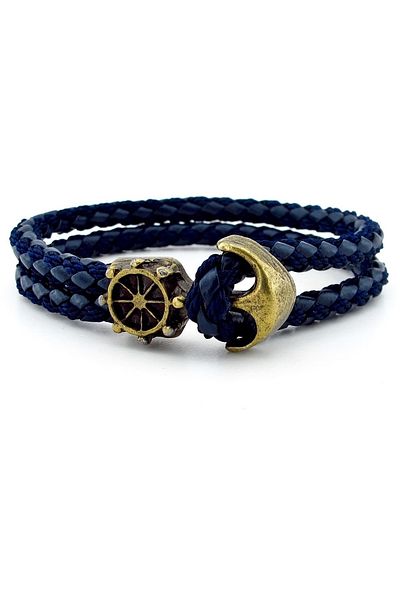 Solfera Bronze Anchor Rudder Sailor Navy Blue Braid Leather Men's Bracelet M034c