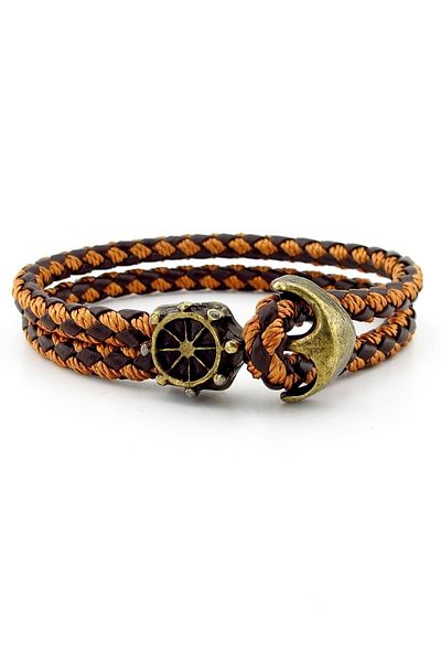 Solfera Bronze Anchor Rudder Brown Tan Braid Leather Men's Bracelet M034f