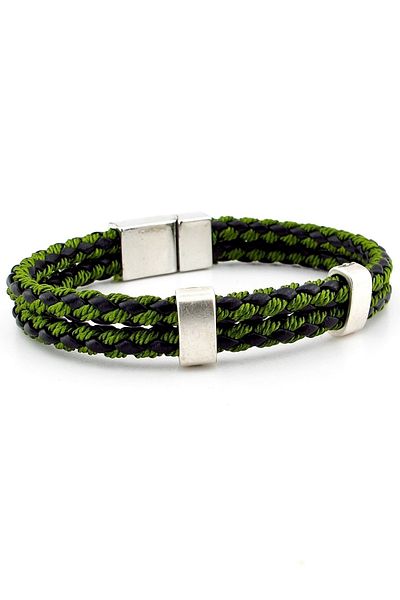 Solfera Metal Clip Pair Row Green Braided Leather Men's Bracelet M039b