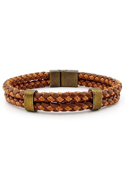 Solfera Bronze Magnetic Clip Two Rows Tan Braid Leather Men's Bracelet M038e