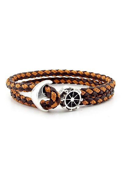 Solfera Anchor Rudder Sailor Brown Tan Braid Leather Men's Bracelet M034f