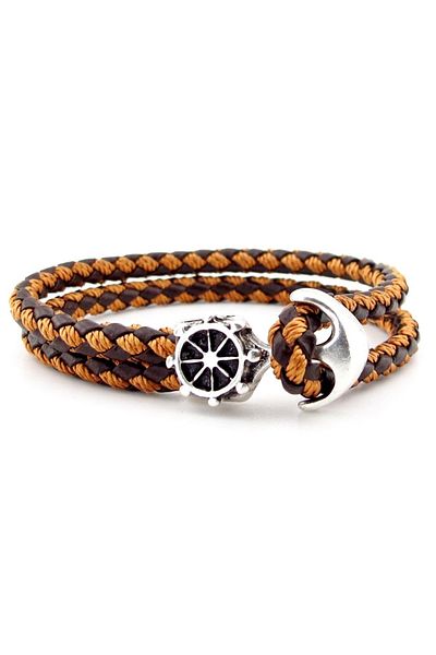 Solfera Anchor Rudder Sailor Brown Tan Braid Leather Men's Bracelet M034f