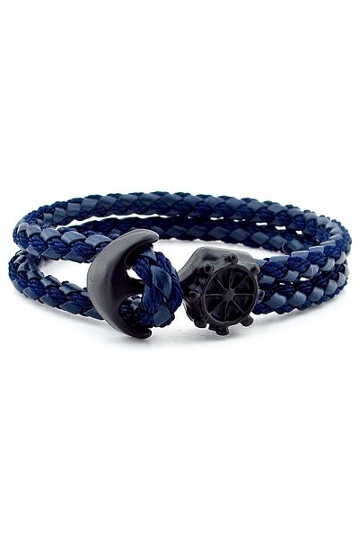 Solfera Black Anchor Rudder Clip Navy Blue Braid Leather Men's Bracelet M034c