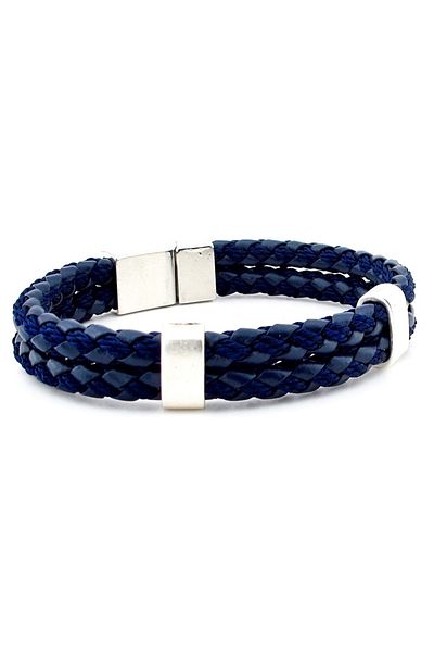 Solfera Metal Clip Two Rows Navy Blue Braid Leather Men's Bracelet M039c
