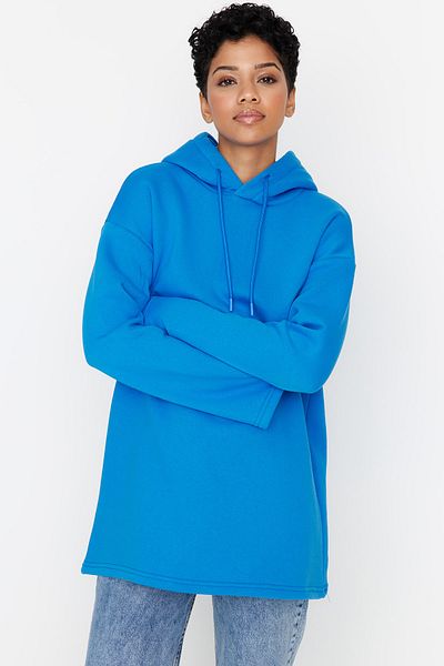Trendyol Modest Blue Hooded Knitted Sweatshirt with Fuzzy Inside TCTAW23TW00018