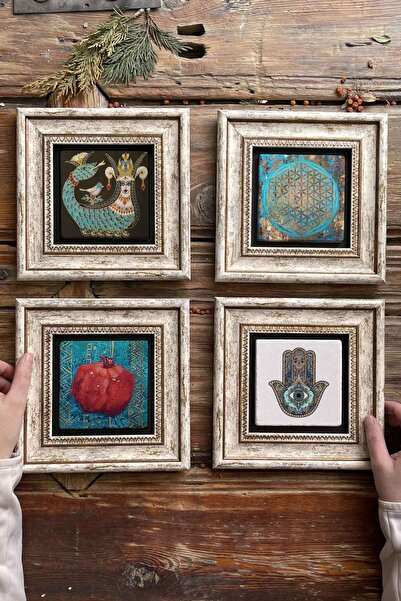 Oscar Stone Decor Çerçeveli Taş Tablo Duvar Dekoru 20x20cm 4'lü Set Fatma Ana...