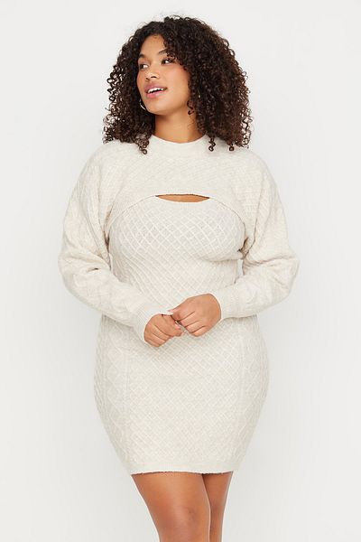 Trendyol Curve Set tricotaje multifuncțional bej Bolero și rochie TBBAW23CP00032