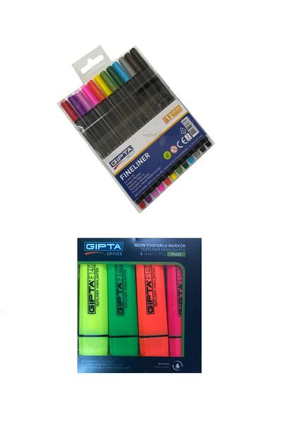 Gıpta 4 Colors Neon Highlighter Pen + 12 Pieces Fineliner Set