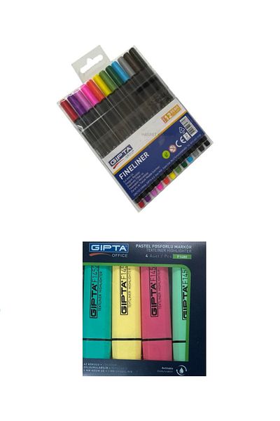 Gıpta 4 Color Pastel Highlighter Pen + 12-Piece Fineliner Set