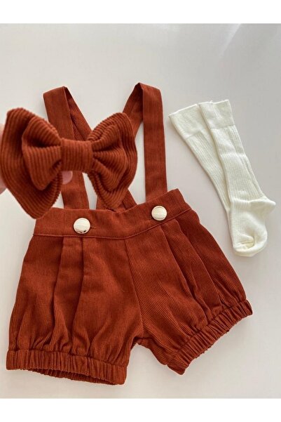tubibebe Erkek Bebek Kiremit Renk Fitilli Kadife Şort Salopet + Papyon + Çorap
