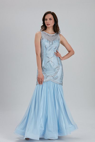 Neva Style Rochie de seara Bulava din satin albastru bebelus brodata cu margele 43680bm