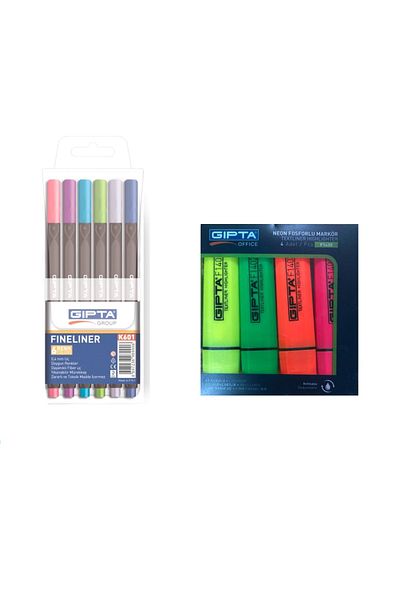 Gıpta 4 Colors Neon Highlighter + 6 Colors Fineliner Set