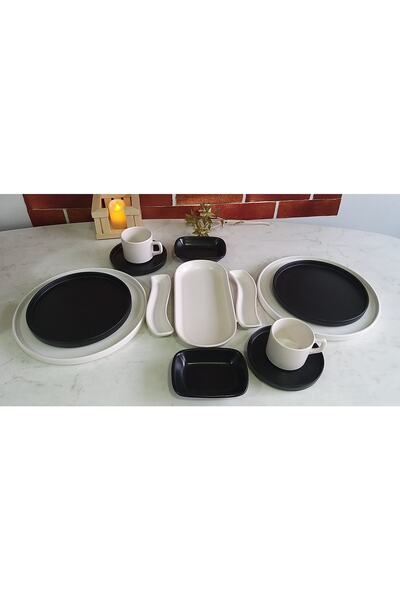 Keramika 13 Parça Mat Siyah-beyaz Stackable Kahvaltı Seti 2 Kişilik
