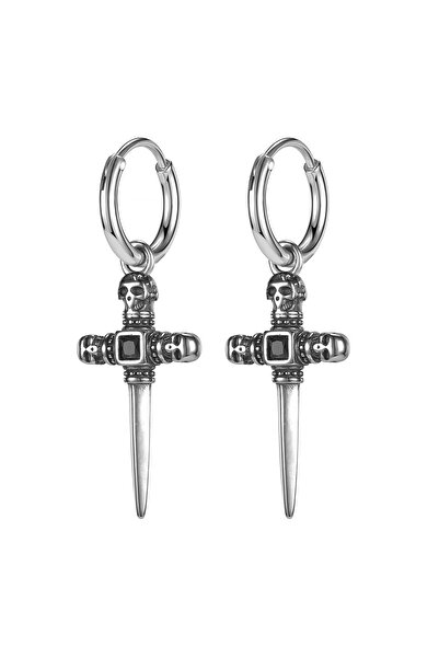 northstarshop Gotik Sword & Skull Zirkon Taşlı Kılıç Haç Tasarım Çarmıh 316l Çelik Erkek Küpe
