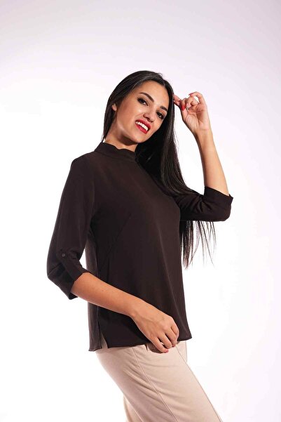 Blues Outlet Дамска блуза с поло яка Britli с ръкави - кафяв