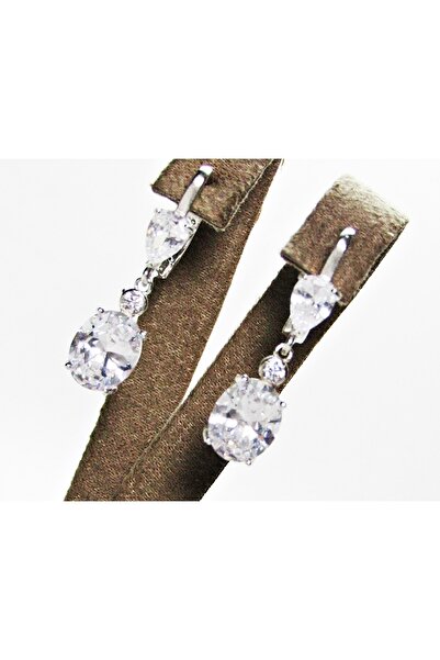 lilahgümüştr Gümüş Beyaz Oval Damla Taşlı Sallantılı Kadın Küpesi