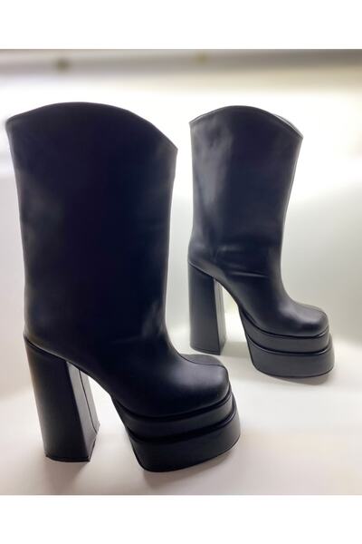 Num40S Siyah Çift Kat Platformlu Yüksek Topuklu Kadın Çizme Özel Ve Büyük Num...