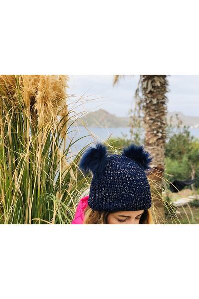 MUSCO Kadın Çift Ponponlu Simli Beyaz Örgü Bere