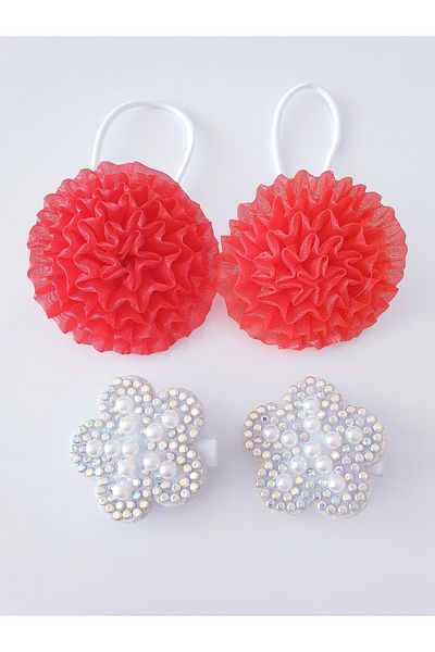 MAGRİB Tulle Pompom 2-Piece Rubber Buckle and 2-Piece Pearl Girl's Collar Buckle