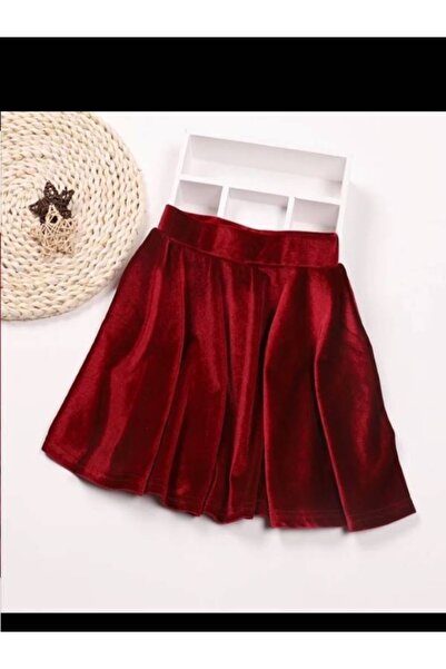 nsmkidslife Kadife Kız Çocuk Yüksek Bel Lastikli Kloş Kırmızı Etek