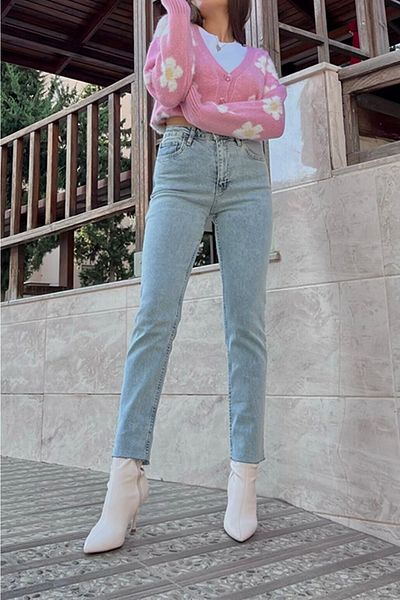 Harmony Ice Blue Mom Fit Jeans Pantaloni Boyfriend cu talie înaltă