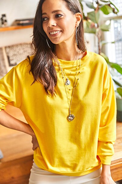 Olalook Hanorac casual pentru femei, uni galben de bază, cu textura moale, SWT-19000457