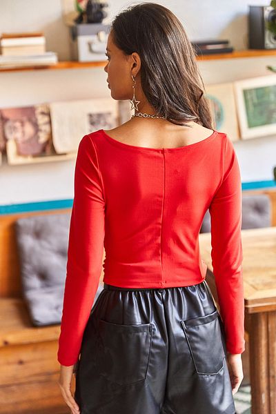 Olalook Rote Lycra-Scuba-Bluse mit weitem V-Ausschnitt für Damen BLZ-19002069