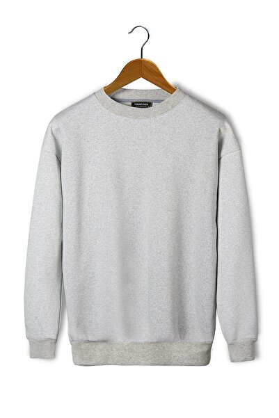 BUCADO Unisex Gri Oversize Kalın Üç Iplik Şardonlu Bisiklet Yaka Basic Sweatshirt