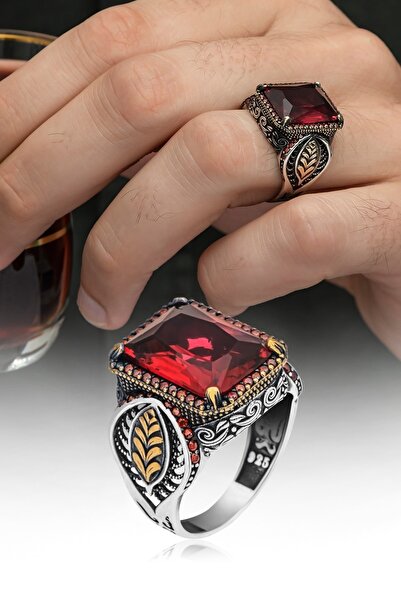 ALYANSEVİM Yaprak Desenli Kırmızı Taşlı 925 Gümüş Erkek Yüzük