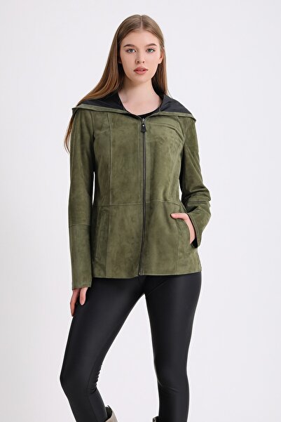 Leather Club Haki Çift Taraflı Kapüşonlı Süet Deri Mont