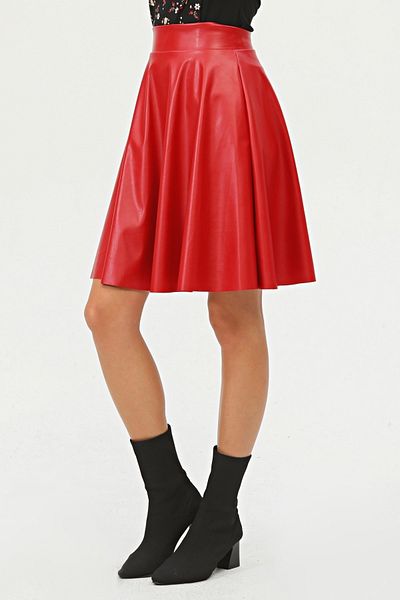 KİM Kİ O Women's Flared Red Color Faux Leather Skirt