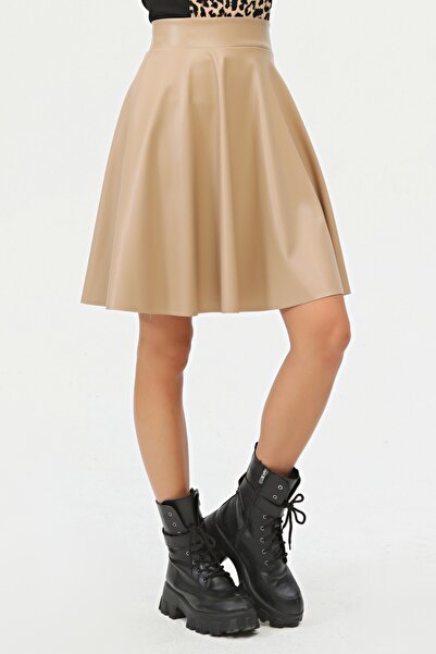 KİM Kİ O Fustă de damă evazată de culoare crem din piele artificială