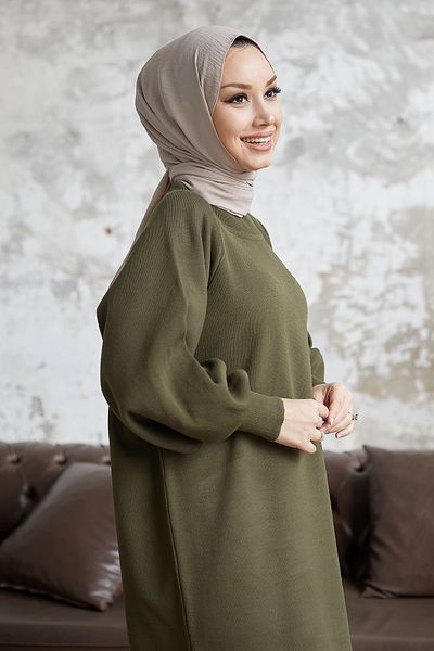 InStyle Πλεκτό Φόρεμα Mina Balloon Sleeve - Χακί