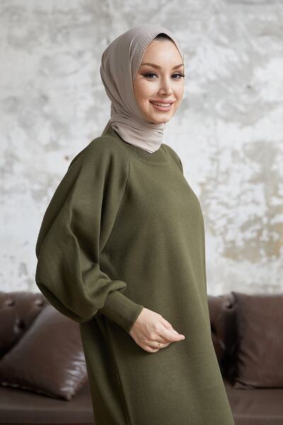 InStyle Mina Balon Kol Triko Elbise - Haki