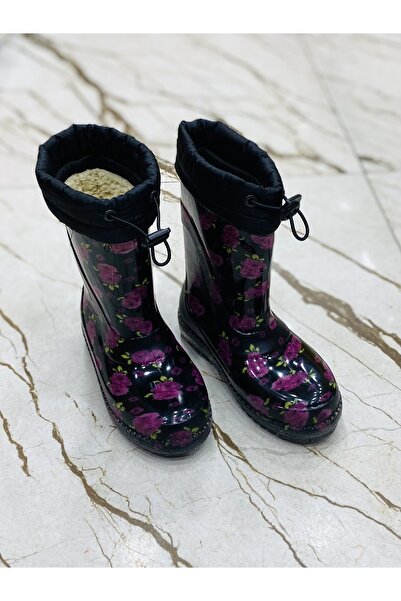 E Kandiş Kız Çocuk Çiçekli Içi Yünlü Günlük Yağmur Çizmesi