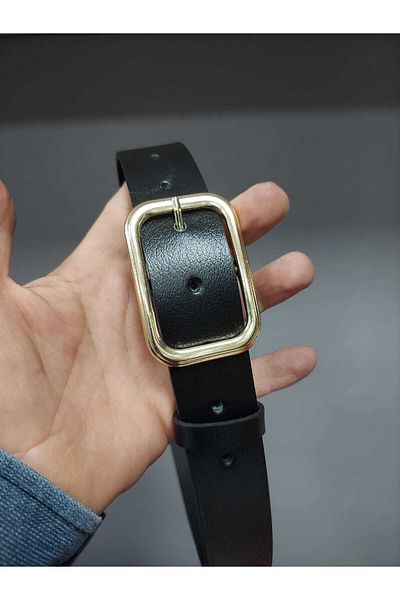 Kemerix 100% Genuine Leather Women's Black Belt with Gold Buckle