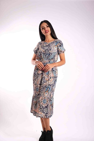 Blues Outlet Rochie de damă cu talie elastică cu model frunze-albastru închis
