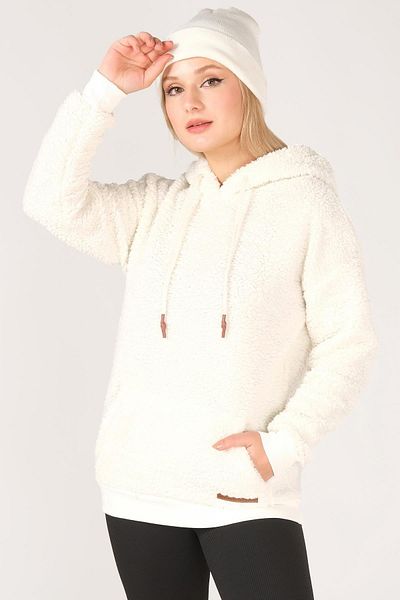 Giyim Dünyası Women's Hooded Kangaroo Pocket Fleece Sweatshirt Ecru
