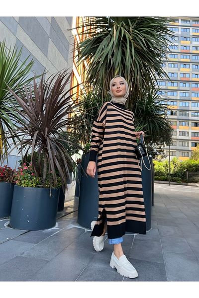 MODAMÜNASİP Wonderful Women's Striped Long Knitwear Tunic with Slits on the Sides