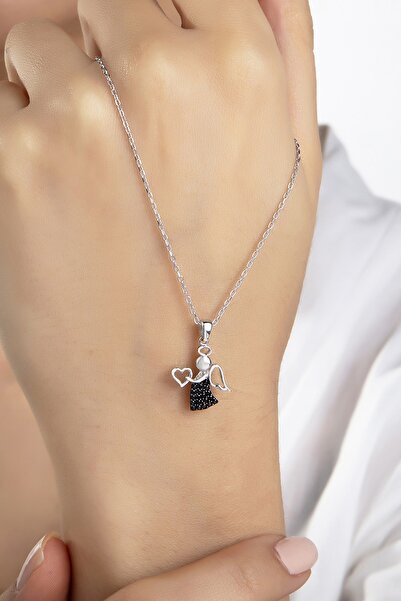 Gümüş Vadisi Kadın Orjinal 925 Ayar Gümüş Zirkon Taşlı Melek Kanatlı Kalp Model Kolye