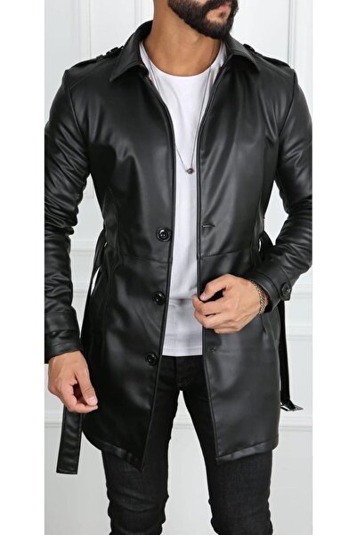 Zen And Men Fit Long Leather Trench Coat with Waist Belt