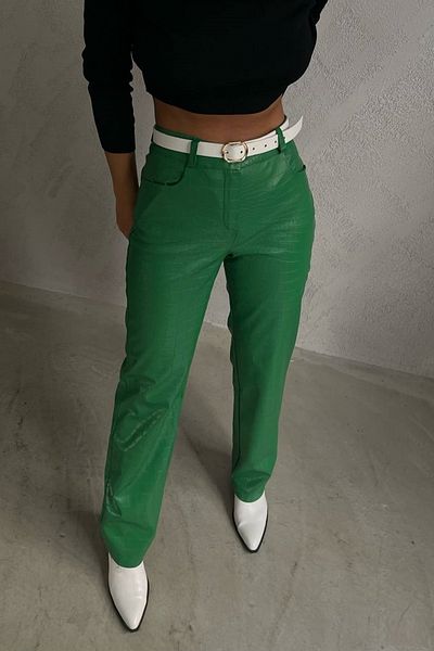 lovebox Green High Waist Snake Print Pipe Leg Leather Women's Trousers - Pocket Detail 200059