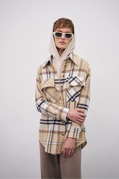 EBU Prive Women's Lumberjack Shirt Jacket Plaid Navy Blue Beige