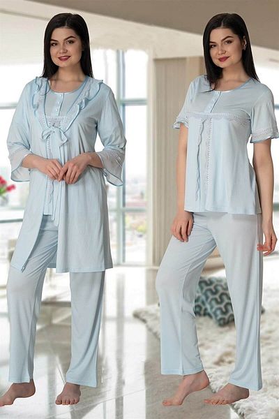 Effortt 4074 Blue Puerperium Pajama Set with Robe