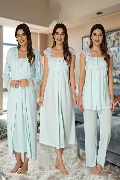 Effort Pijama طقم بيجامة نسائي أخضر من Zerre Bebe، ثوب نوم، ثوب نوم للحوامل، طقم مكون من 4 قطع 2305