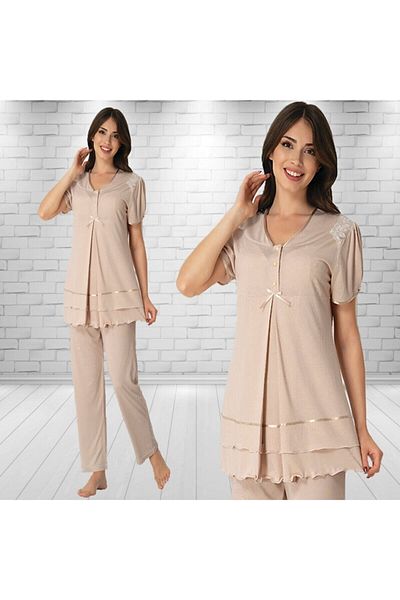 HAMİLE ÇARŞI Effort Lacy Milk Brown Σετ Πιτζάμες εγκυμοσύνης 8022